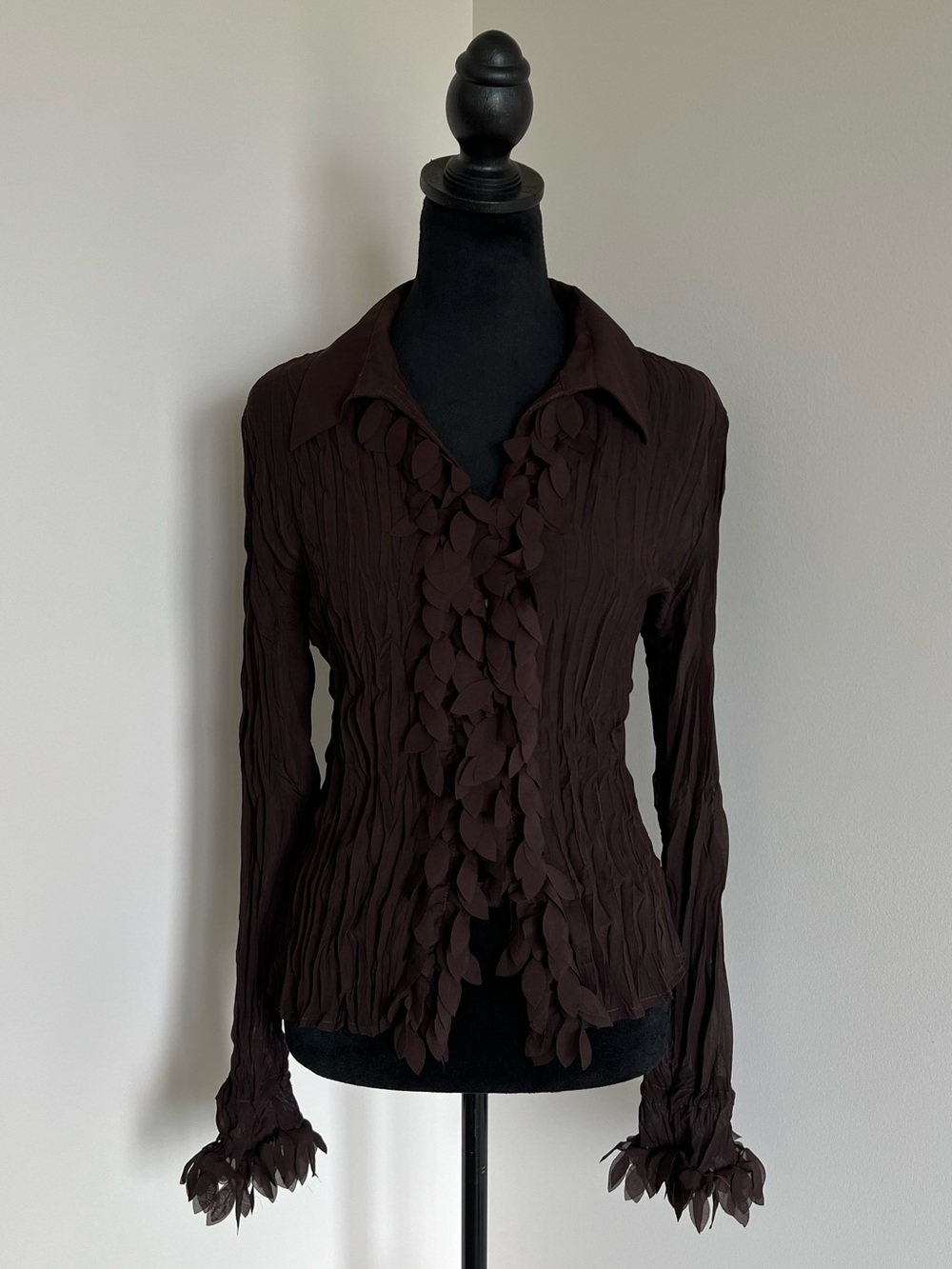 90s Vintage Chocolate Brown Ruffled Festival/ Whimsical Textured Blouse
